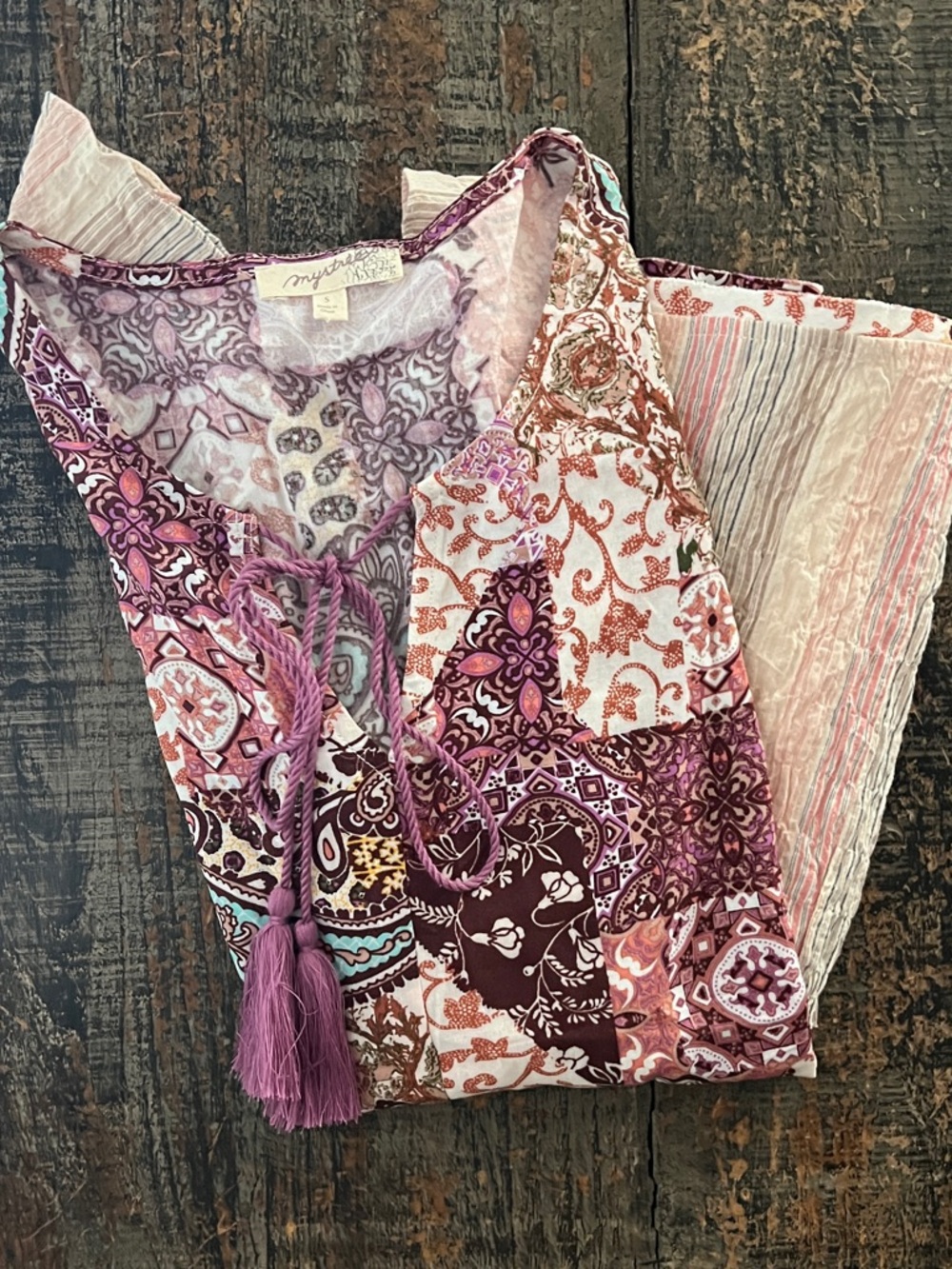 ๐ NET MYSTREE Boho Patchwork Ruffle Sleeve Tank SMALL - Picture 7 of 8